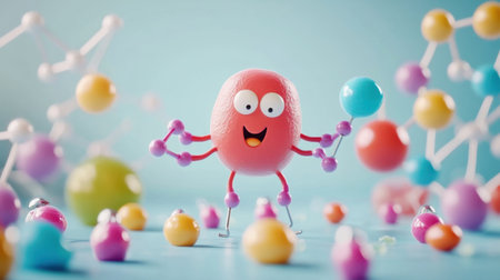 A friendly protein character enthusiastically explains its structure to a group of intrigued amino acid characters, fostering a fun learning environment.の素材