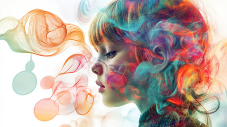 A young child blends with swirling colors and speech bubbles, visually representing the ability to communicate thoughts and feelings in a vivid, imaginative way.の素材