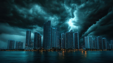 Dark clouds roll towards Miami, silhouetting the city's skyscrapers against an unsettling backdrop. The calm before the approaching hurricane creates a tense atmosphere in the air.の素材