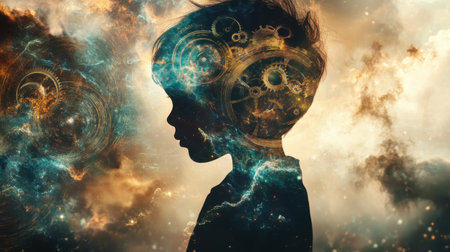 A child stands quietly, their silhouette filled with intricate clock gears and swirling galaxies, symbolizing their unique power to manipulate time and space.の素材