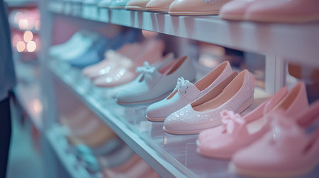 A shoe seller meticulously arranges an array of women's flats in delicate pastel colors. The warm store lighting highlights their elegant designs, creating an inviting atmosphere.の素材