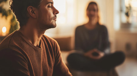 In a tranquil therapy setting, a man engages in emotional release while a therapist provides silent support, creating an intimate and calming atmosphere.の素材