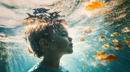 A young child immerses themselves in an enchanting underwater realm, surrounded by vibrant aquatic life and gentle waves, showing their unique ability to control water.の素材