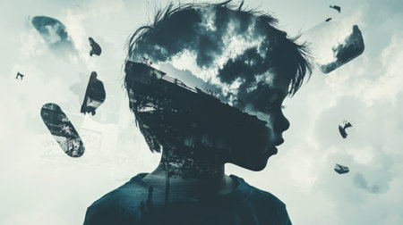 A young child is depicted in a striking double exposure, showing their extraordinary ability to manipulate gravity as whimsical objects float around them, creating a magical atmosphere.の素材