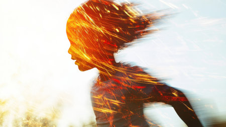A child sprints with incredible speed, their silhouette fused with vibrant streaks of light, capturing the excitement and essence of rapid movement in a bright setting.の素材