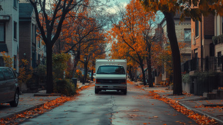 A delivery van navigates a quiet Chicago street lined with colorful autumn leaves, creating a cozy atmosphere as it makes its way through the neighborhood.の素材