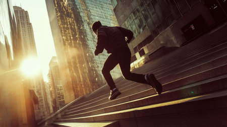 A courier hurries up the steps of a towering Chicago skyscraper, energized by the morning light reflecting off the glass. The scene captures the urgency of city life.の素材