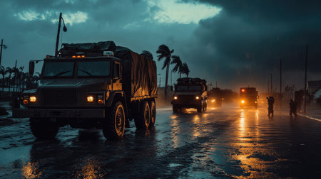 National Guard personnel help evacuate residents as dangerous weather approaches. Military trucks are lined up, ready for transport amid the tense atmosphere and gloomy skies.の素材