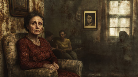 A woman in a red dress sits in a chair in a room with a picture of a man on the wallの素材