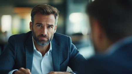 A car salesman engages in a serious conversation, discussing payment options with a client while a contract lies on the table, highlighting his thoughtful expression.の素材