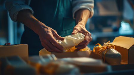 The shoe seller carefully wraps high-end shoes in soft tissue paper, highlighting the attention to detail in luxury packaging and elegant design.の素材