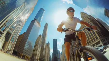 A bicycle courier navigates the vibrant streets of downtown Chicago, enjoying the sunny weather and the impressive skyline of skyscrapers all around.の素材