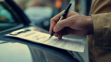A hand holds a pen, diligently writing on a contract while perched on a car hood. The intimate moment captures the essence of a car sale in progress.の素材