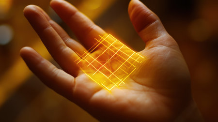 A person's hand exhibits a golden rectangle with an overlay of a divine proportion grid, highlighting symmetry and elegance in soft lighting.の素材