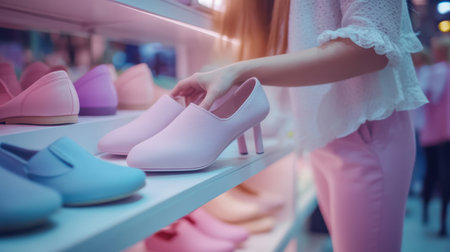 In a charming store, a shoe seller carefully arranges elegant women's flats. The delicate pastel hues and soft lighting enhance the inviting atmosphere of the display.の素材