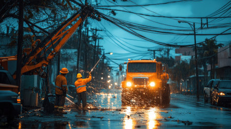 In the aftermath of a hurricane, emergency workers focus on repairing downed power lines in a dark city while rain pours. Sparks fly as they work tirelessly to restore power.の素材