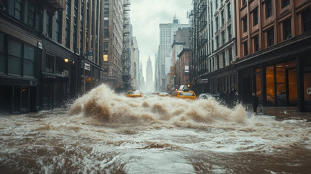 Hurricane conditions cause water to surge through the streets of New York City, drowning iconic buildings and creating a chaotic, overwhelming atmosphere for the city.の素材