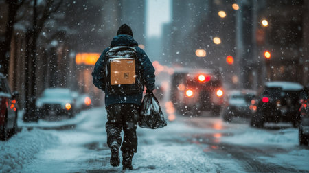 A determined courier navigates snowy Chicago streets, bundled in a heavy winter coat, delivering packages amidst challenging weather and falling snow.の素材