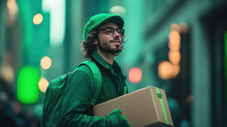 Amid the cheerful atmosphere of Chicago's St. Patrick's Day parade, a courier dressed in green delivers a parcel, embodying the festive spirit of the event.の素材