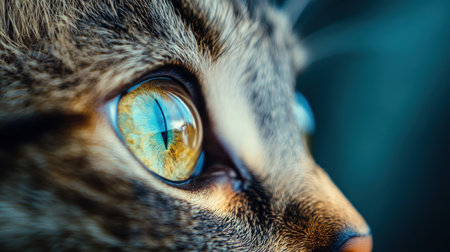 This striking close-up showcases a cat's eye in sharp focus, revealing intricate details and vibrant colors enhanced by a soft blur surrounding it.の素材