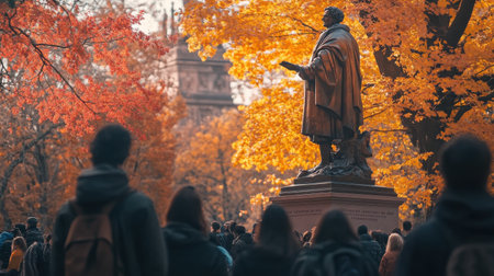 People gather in front of a grand statue to listen to a Columbus Day speech, surrounded by colorful autumn leaves glowing in soft light, creating an inspiring atmosphere.の素材