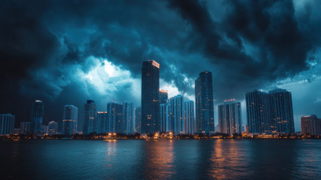 Heavy dark clouds threaten Miami, silhouetting skyscrapers against the tempestuous sky. The calm before the hurricane suggests impending chaos and destruction.の素材