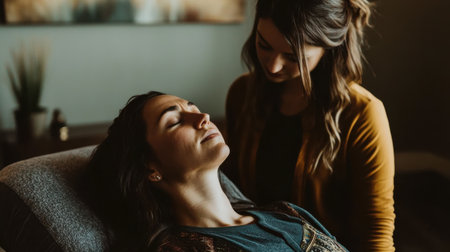 A therapist supports a client during a trauma recovery session, fostering a safe and empathetic space for deep emotional healing and guidance.の素材