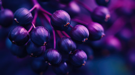 A close up of purple berries with a blue background. The berries are shiny and appear to be wetの素材