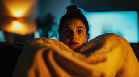 A woman is sitting on a couch with a blanket wrapped around her. She is looking at something on the televisionの素材