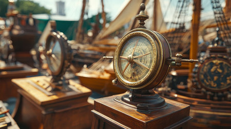 Detailed craftsmanship of Columbus' nautical instruments is showcased at an outdoor fair, celebrating maritime history and exploration from centuries past.の素材