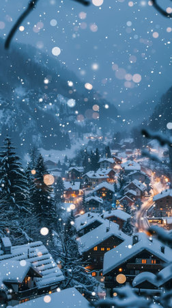 The early morning light baths a charming mountain village in a fresh layer of snow. Warm lights glow from cozy homes as snowflakes gently fall, creating a serene winter atmosphere.の素材