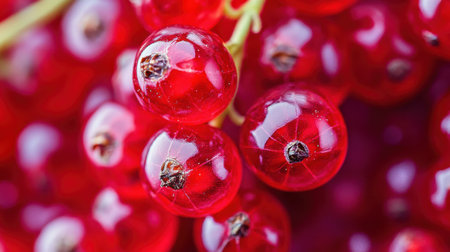 This macro shot captures tiny wild currents, showing their bright red hue and translucent skin, perfectly emphasizing their natural beauty in detail.の素材