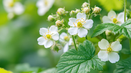 A bunch of white flowers with green leaves. The flowers are in full bloom and are surrounded by green leaves. Concept of freshness and natural beautyの素材