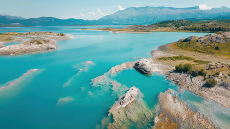 The image showcases Lake General Carrera's stunning turquoise waters surrounded by rocky shores and distant mountains, offering breathtaking natural beauty from above.の素材