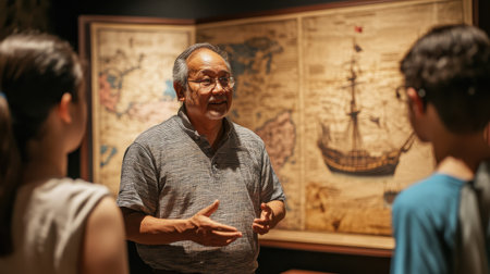 The tour guide passionately explains Christopher Columbus' voyages while surrounded by historical maps and artifacts, engaging an attentive group of tourists in the museum.の素材
