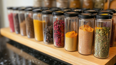 A row of spice jars on a wooden shelf. The jars are filled with various spices, including turmeric, cumin, and paprika. The spices are arranged in a neat and organized mannerの素材