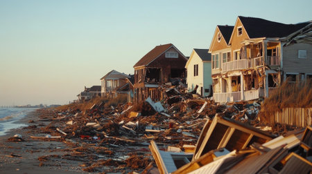 Beachfront homes stand in ruins following a hurricane, with debris scattered along the shore and broken windows reflecting the calm, devastating aftermath.の素材