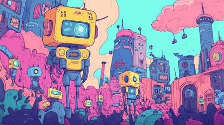 A colorful cityscape with robots and buildings. The robots are in various sizes and colors, and they are scattered throughout the scene. Scene is vibrant and futuristic, with a sense of movementの素材