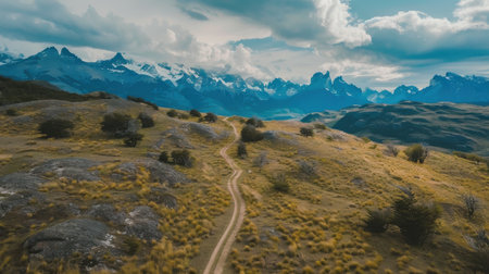 Winding hiking trails cut through the rugged terrain of Patagonia, guiding adventurers toward imposing mountain peaks while surrounded by vibrant landscapes and dramatic clouds.の素材