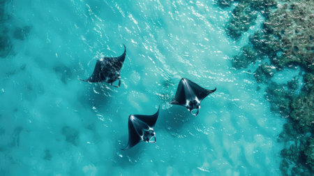 Three manta rays swimming in the ocean. The water is blue and the sky is clearの素材