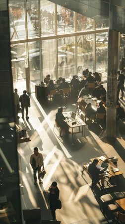 The corporate office is abuzz with activity as professionals engage in various tasks. Morning sunlight streams through expansive windows, illuminating the workspace.の素材