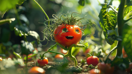 A tomato with a flower on top of it is standing in a garden. The tomato is smiling and he is happyの素材