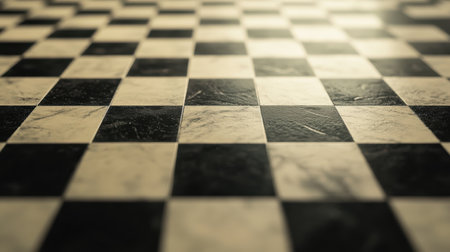 The close-up view highlights a monochromatic chessboard with precise geometric alignment, showing the divine proportion in the arrangement of the squares.の素材