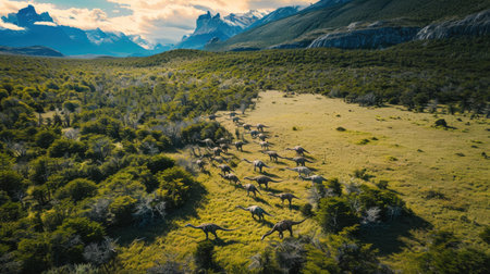 In a vast Patagonian landscape, a herd of massive dinosaurs roams freely amidst lush, ancient forests, evoking a sense of the prehistoric era.の素材