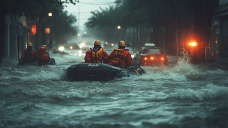 A group of emergency workers in boats navigate through floodwaters, assisting people affected by a hurricane in Texas. Tension fills the air as they strive to save lives.の素材