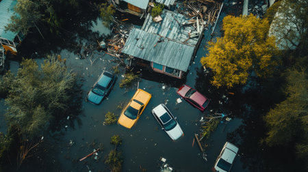 An aerial perspective shows extensive flood damage after a hurricane, with submerged vehicles and destroyed structures surrounded by murky water, highlighting the devastation.の素材