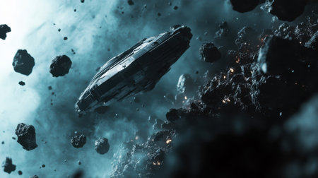 Amidst chaotic asteroids, a spaceship maneuvers skillfully through sharp debris, showing the challenges of deep space exploration and navigation.の素材