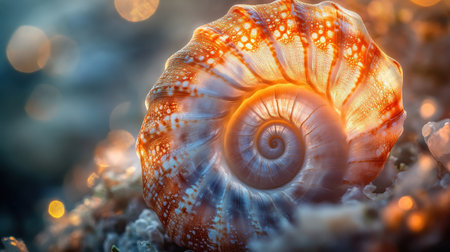 The nautilus shell is beautifully split open, revealing its stunning spiral structure and smooth surface. Warm light enhances the intricate details of this natural wonder.の素材