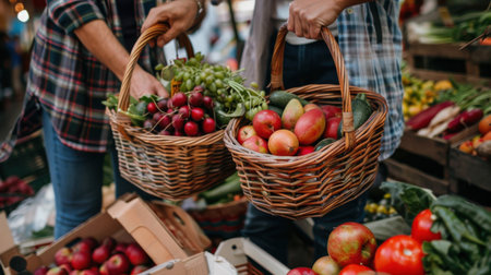 Two people are holding baskets of fruit at a market. The baskets are filled with apples, grapes, and other fruits. The market is bustling with activity, and the atmosphere is lively and energeticの素材