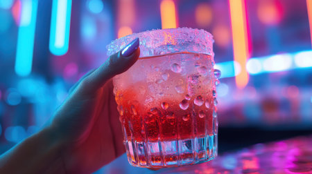 A hand holding a glass of a colorful drink. The drink is a mix of red and blue, and it is served in a clear glass. The image has a vibrant and energetic feelの素材